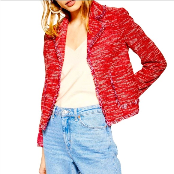 Topshop Jackets & Blazers - TOPSHOP Red Jersey Fringe Boucle Blazer Jacket